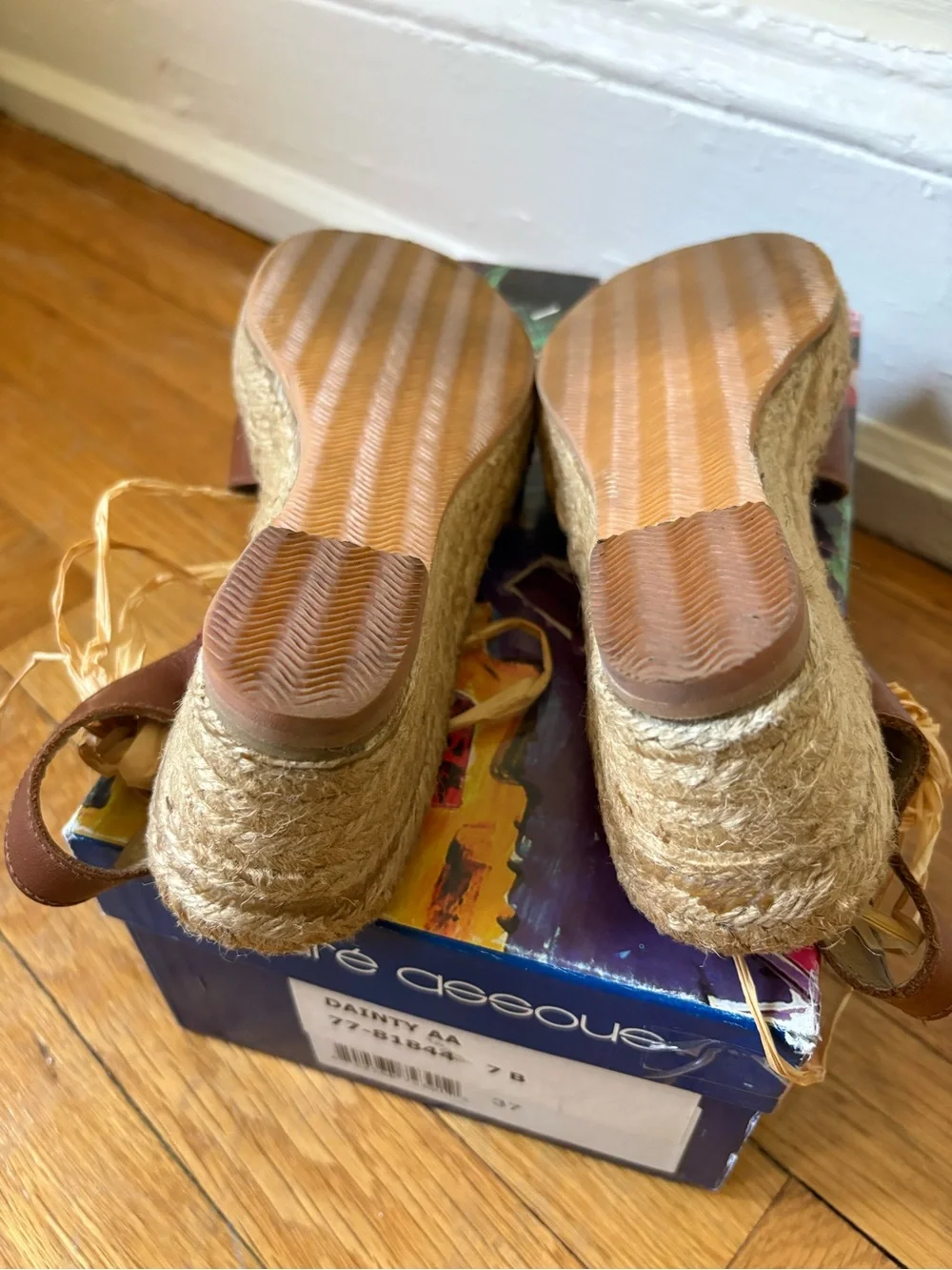 andre assous brown leather espadrille wedge sandals with raffia ties
